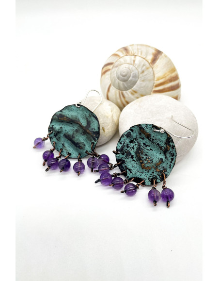 Selira Ametist Yeşil Patina Bronz Küpe